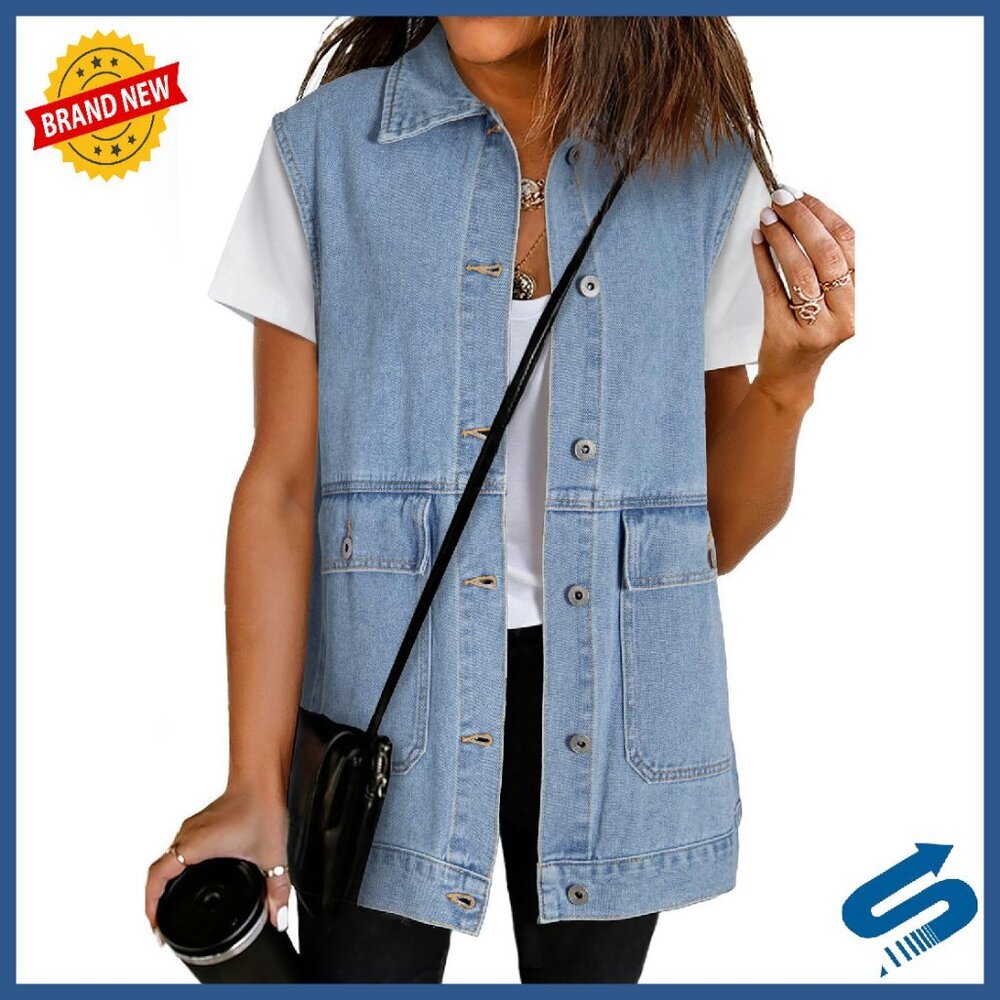 Sleeveless Denim Vest with Pockets, Button Down, Cotton Blend